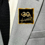 30th birthday gold music notes on chic black 2 inch square button<br><div class="desc">Elegant black coloured background with faux gold music notes and a faux gold frame for a 30th birthday party for both him and her. Templates for age and name.  Golden letters and number.</div>