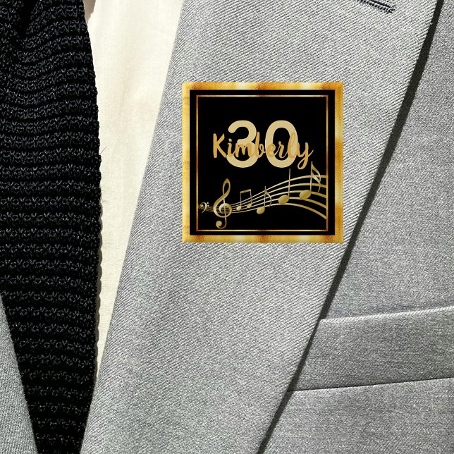 30th birthday gold music notes on chic black 2 inch square button (Creator Uploaded)