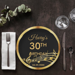 30th birthday gold music notes on chic black paper plate