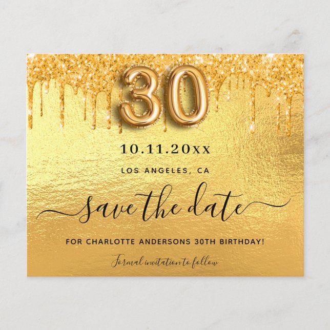 30th birthday gold save the date card (Front)