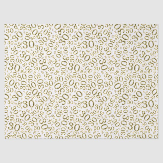 30th Birthday Gold/White Collage Number Pattern Tissue Paper (Front)