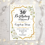 30th Birthday - Gold White Roses Invitation<br><div class="desc">Elegant 30th Birthday Invitation. Stylish design in white and gold. Features white roses,  damask pattern and faux glitter confetti. Perfect for a glam all white birthday celebration. Can be customized to show any age. Message me if you need further customization.</div>