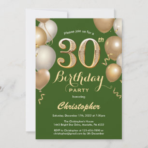 30th Birthday Green and Gold Balloons Confetti Invitation