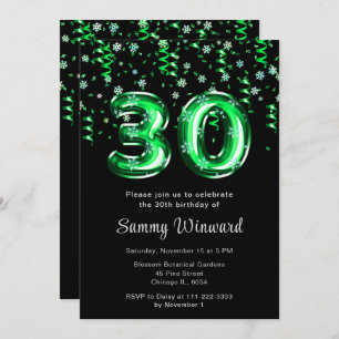 30th Birthday Green Balloons Snowflake Confetti Invitation