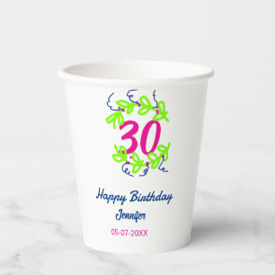 30th birthday green blue wreath name date rustic b paper cups