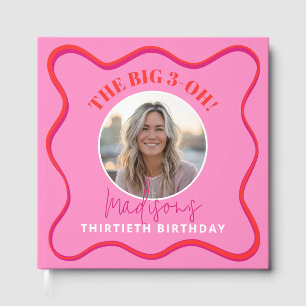 30th Birthday Guest Book Colourful Wavy Red Pink