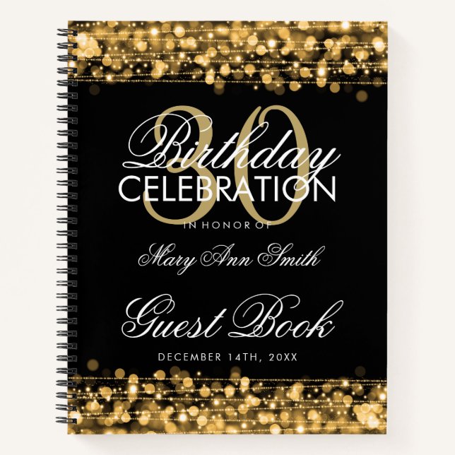30th Birthday Guestbook Party Sparkles Gold Notebook (Front)