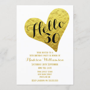 30th Birthday Hello 30 Black and Faux Gold Heart Invitation