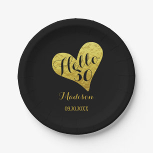 30th Birthday Hello 30 Black and Faux Gold Heart Paper Plate