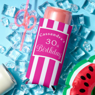 30th Birthday Hot Pink and White Stripe Classy Seltzer Can Cooler