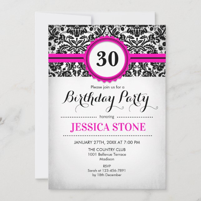 30th Birthday - Hot Pink Black White Damask Invitation (Front)