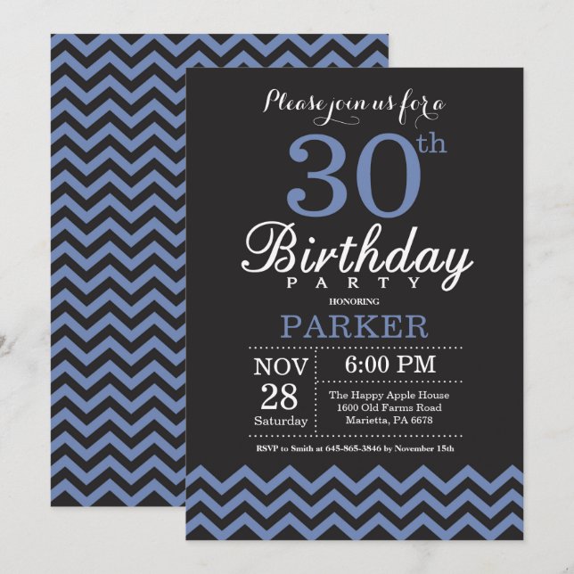 30th Birthday Invitation Black and Blue (Front/Back)