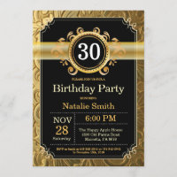 30th Birthday Invitation Black and Gold Glitter