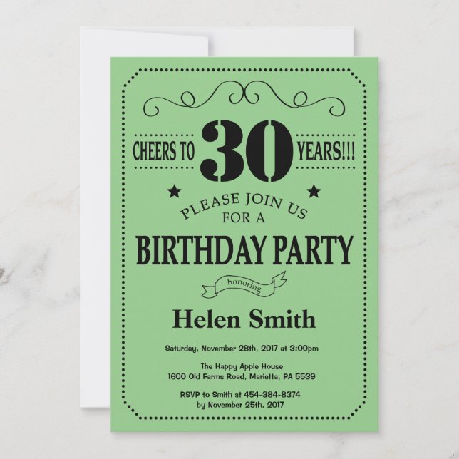 30th Birthday Invitation Black and Green (Front)