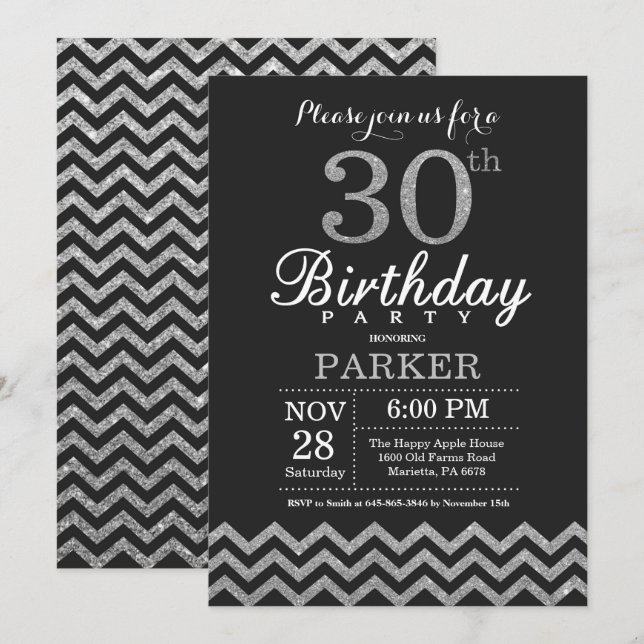 30th Birthday Invitation Black and Silver Glitter (Front/Back)