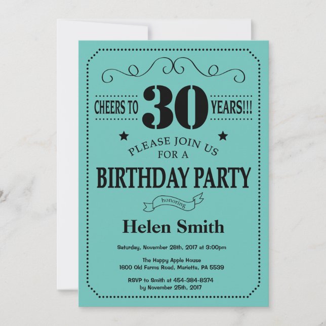 30th Birthday Invitation Black and Teal (Front)