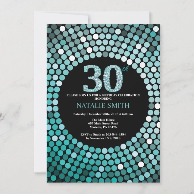 30th Birthday Invitation Black and Teal Glitter (Front)