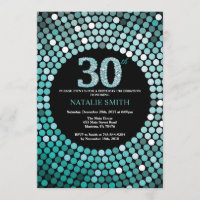 30th Birthday Invitation Black and Teal Glitter