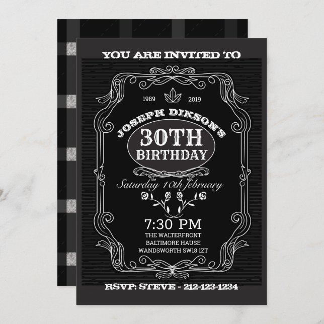 30th BIRTHDAY INVITATION,  Black & grey Whisky lab Invitation (Front/Back)
