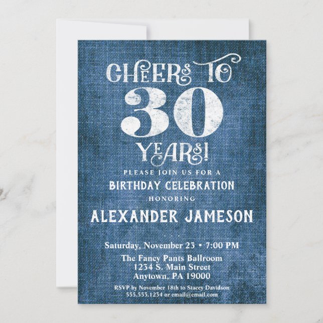 30th Birthday Invitation Blue Linen Rustic Cheers (Front)