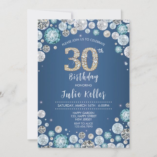 30th Birthday Invitation. Elegant Diamond Invite (Front)