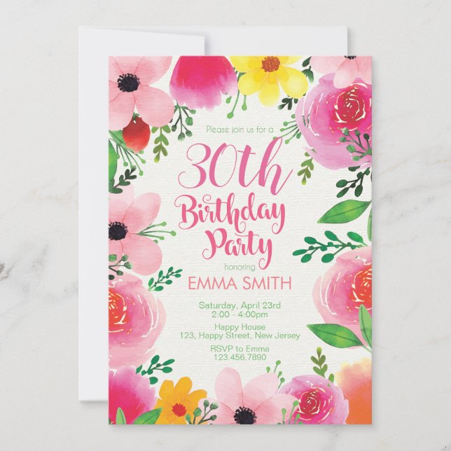30th Birthday Invitation. Floral Birthday. Women Invitation (Front)