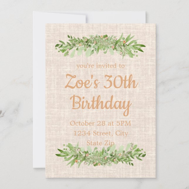 30th Birthday Invitation – Linen Greenery | Thirty (Front)