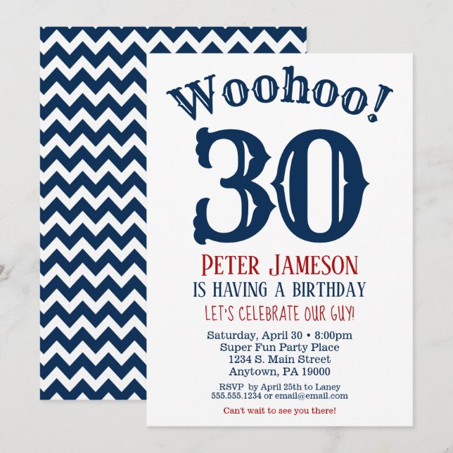 30th Birthday Invitation Mens Navy Blue (Front/Back)