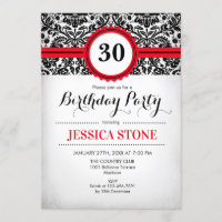 30th Birthday Invitation Red Black White Damask
