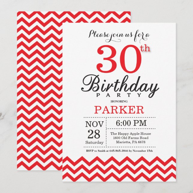 30th Birthday Invitation Red Chevron (Front/Back)