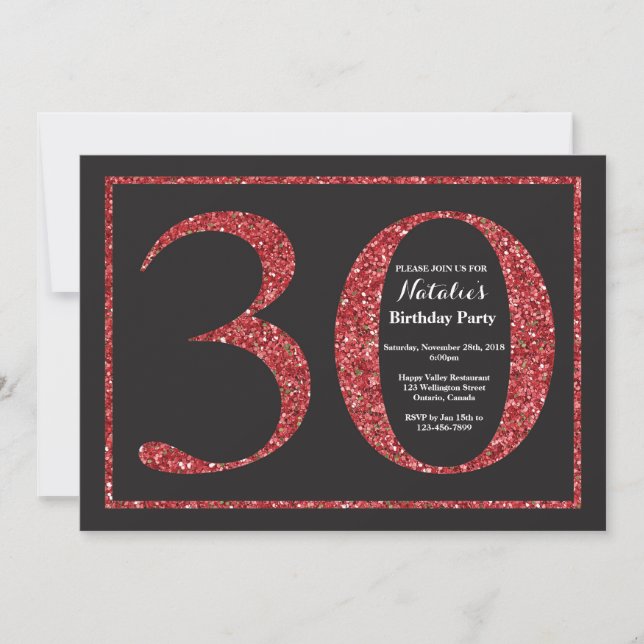 30th Birthday Invitation Red Glitter Chalkboard (Front)