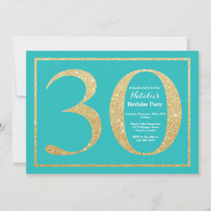 30th Birthday Invitation Teal and Gold Glitter