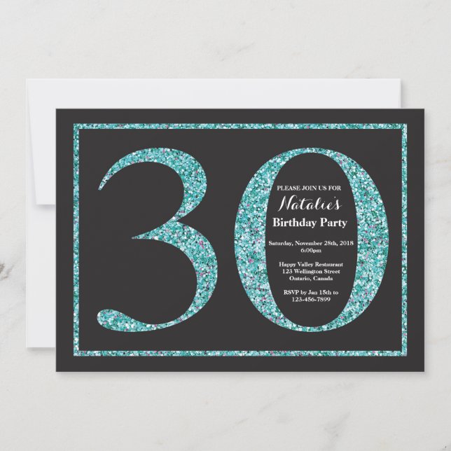 30th Birthday Invitation Teal Glitter Chalkboard (Front)
