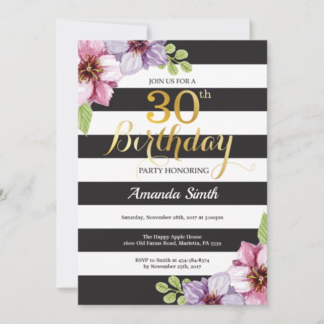 30th Birthday Invitation Women. Floral Gold Black (Front)