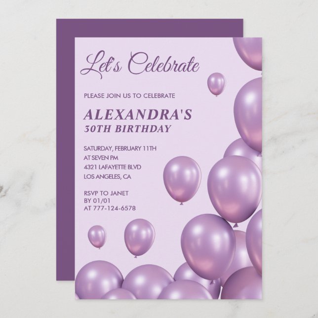 30th birthday invitations Balloons Purple (Front/Back)