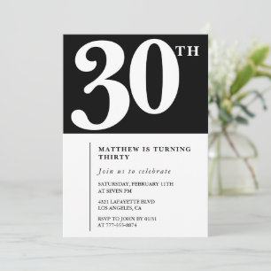30th birthday invitations Black White Elegant