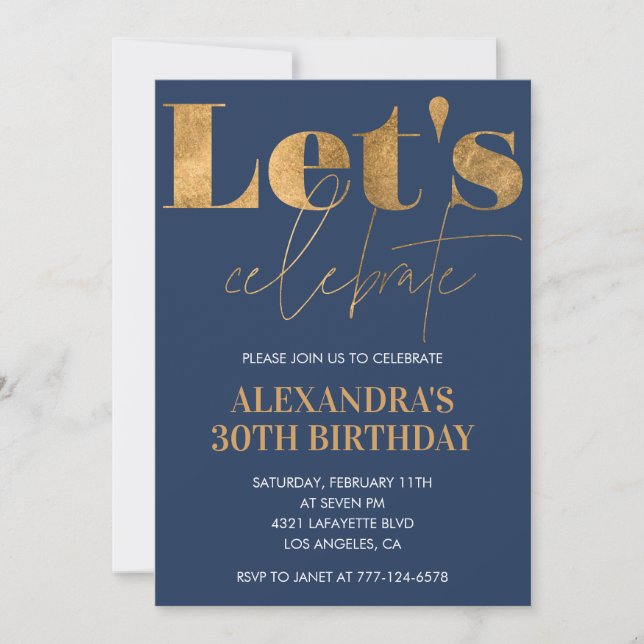 30th birthday invitations Navy Gold Elegant (Front)