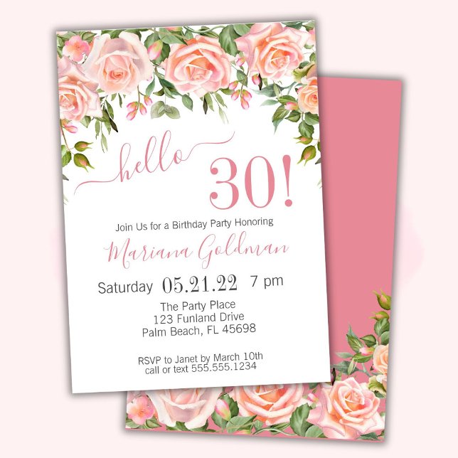 30th Birthday Invitations Pink Floral Modern Party (Creator Uploaded)
