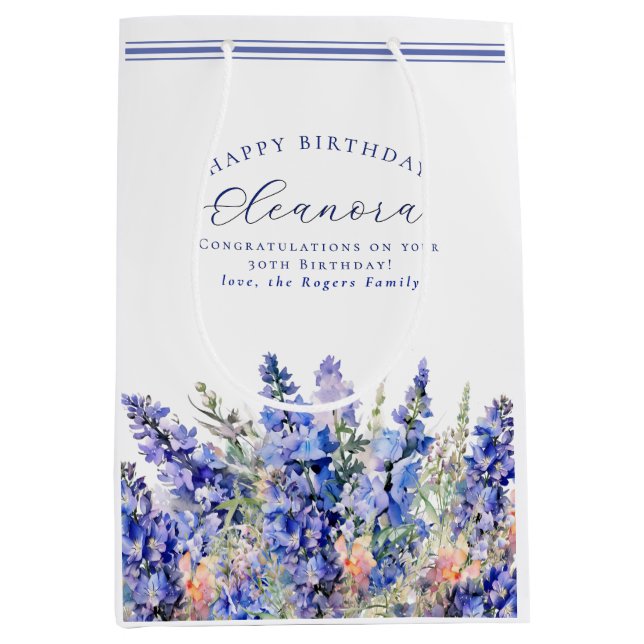 30th Birthday July Birth Month Flower Blue Medium Gift Bag (Front)
