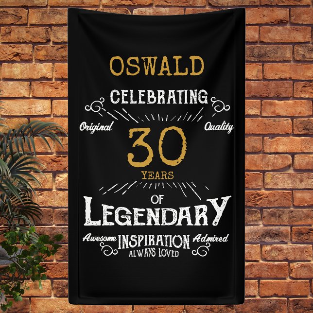 30th Birthday Legendary Black Gold Retro Banner (A personalized 30th birthday classic party banner for that special birthday turning 30)