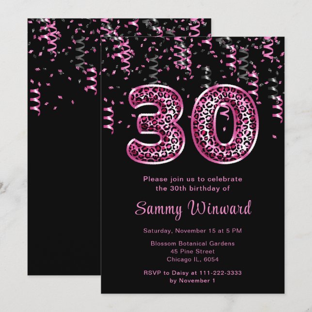 30th Birthday Leopard Print Balloons with Confetti Invitation (Front/Back)