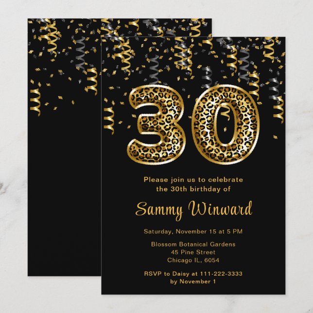30th Birthday Leopard Print Balloons with Confetti Invitation (Front/Back)