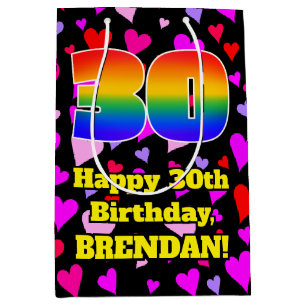 30th Birthday: Loving Hearts Pattern, Rainbow # 30 Medium Gift Bag