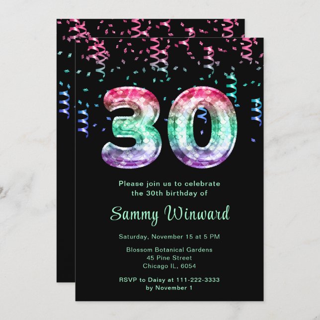 30th Birthday Mermaid Balloons with Confetti Invitation (Front/Back)