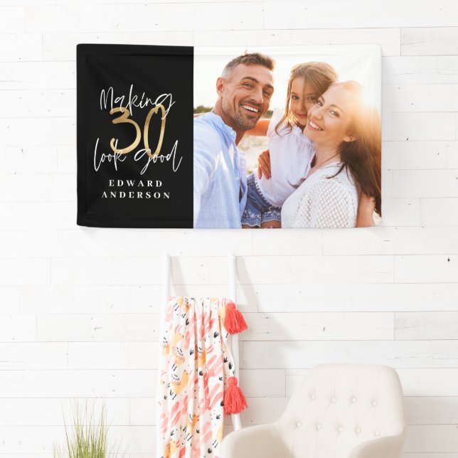 30th birthday modern black and gold photo banner (Insitu)