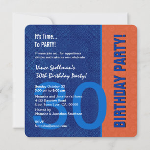 30th Birthday Modern Blue and Orange Invitation