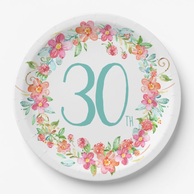 30th birthday modern floral garden party paper plate (Front)