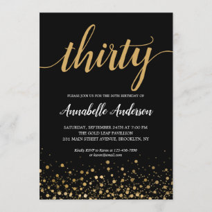 30th Birthday Modern Gold Confetti Script Black Invitation