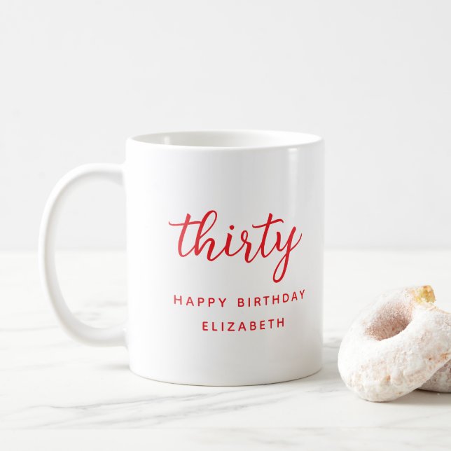 30th Birthday Modern Red Personalized Gift Coffee Mug (With Donut)