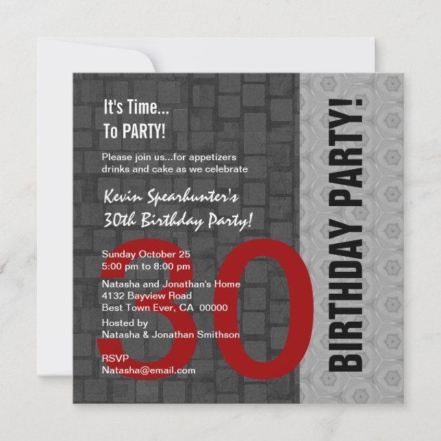 30th Birthday Modern Red Silver Black D418 Invitation (Front)